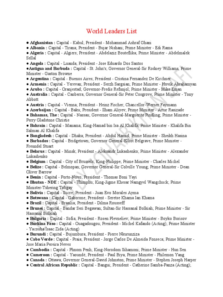World Current Leaders | PDF | Euro | Political Office Holders