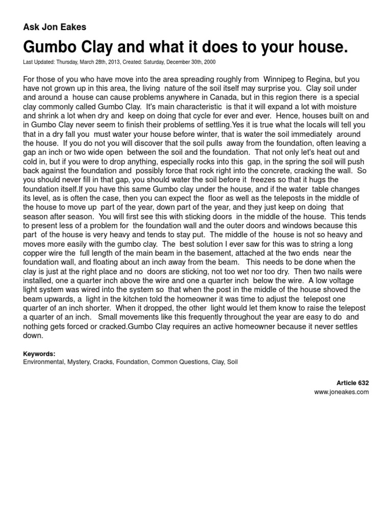 Gumbo Clay and What It Does To Your House. Ask Jon Eakes PDF Soil Building Technology