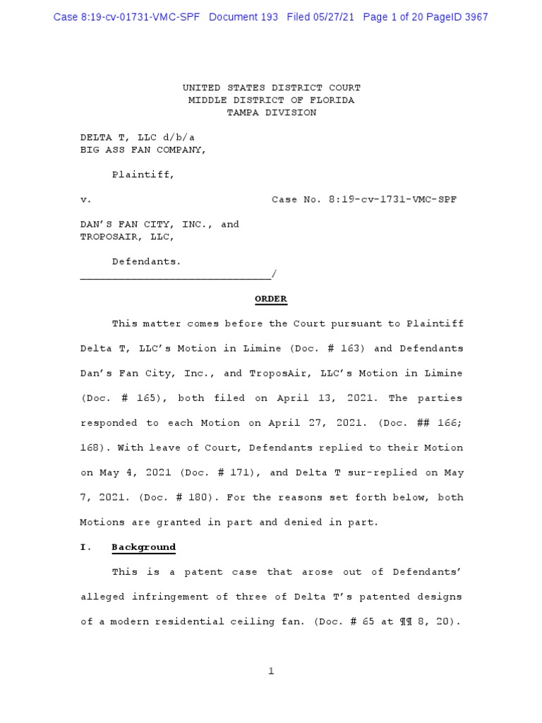 Delta T v. Dan's Fan City Motion in Limine PDF Discovery (Law