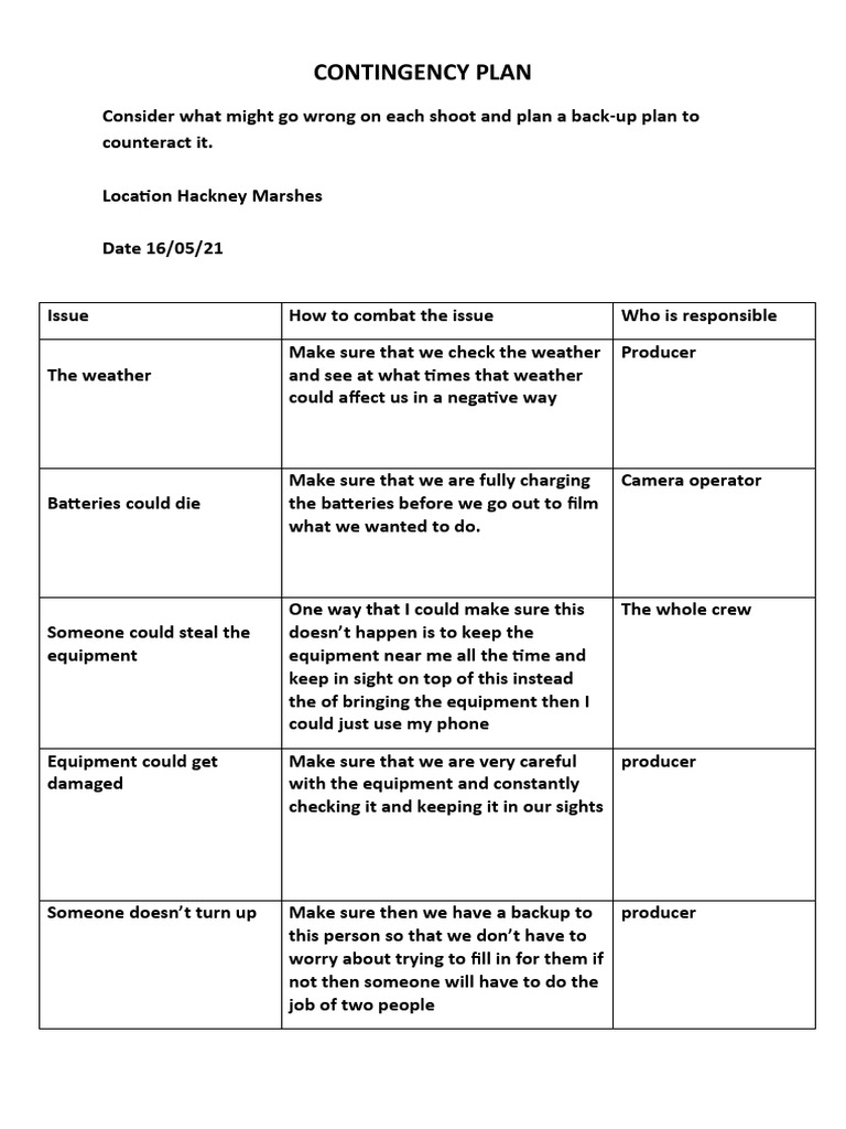 Film Shoot Contingency Plan Guide | PDF