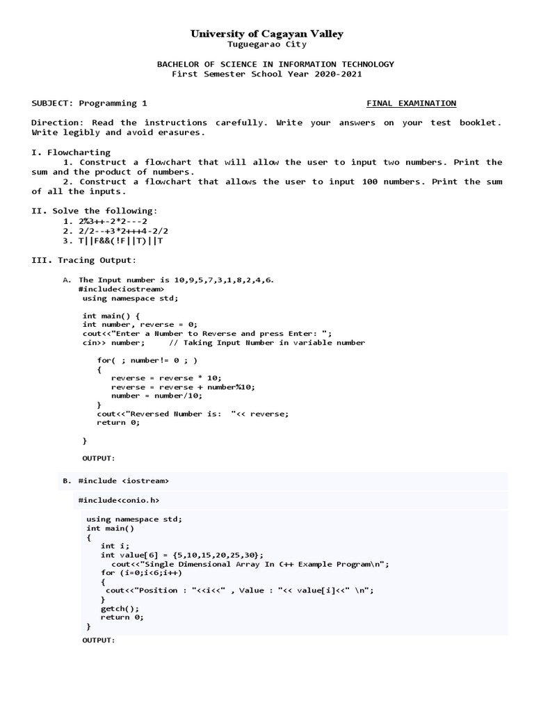 Programming 1 FINAL EXAM | PDF | Computer Programming | Software ...