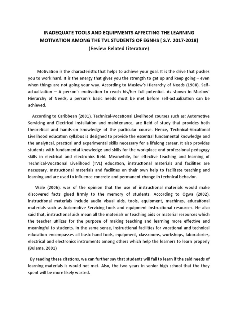 Impact of Inadequate Tools on TVL Students | PDF | Motivation ...
