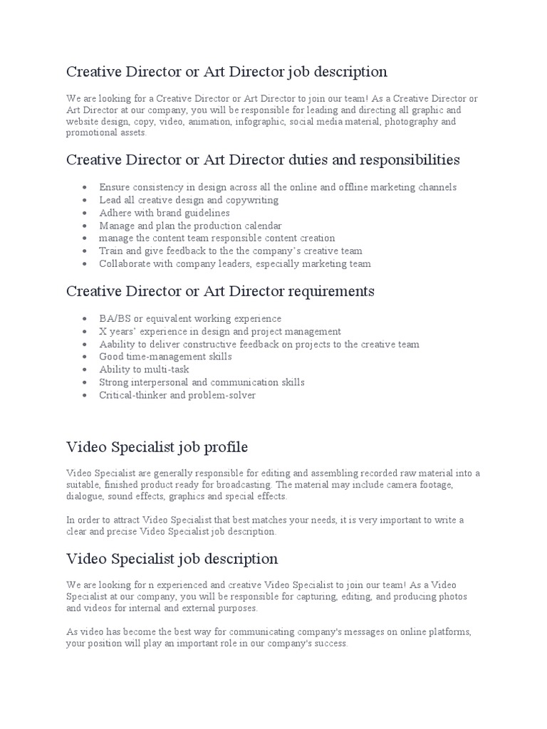Creative Director or Art Director Job Description PDF Video Brand