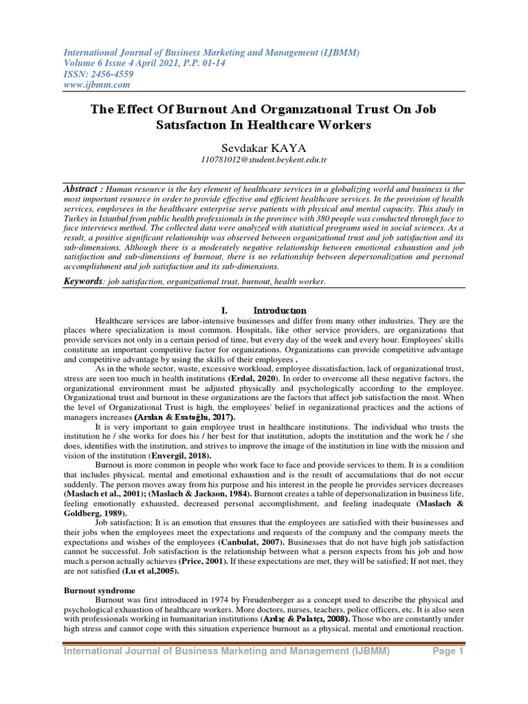Burnout and Trust's Impact on Job Satisfaction | PDF | Occupational ...