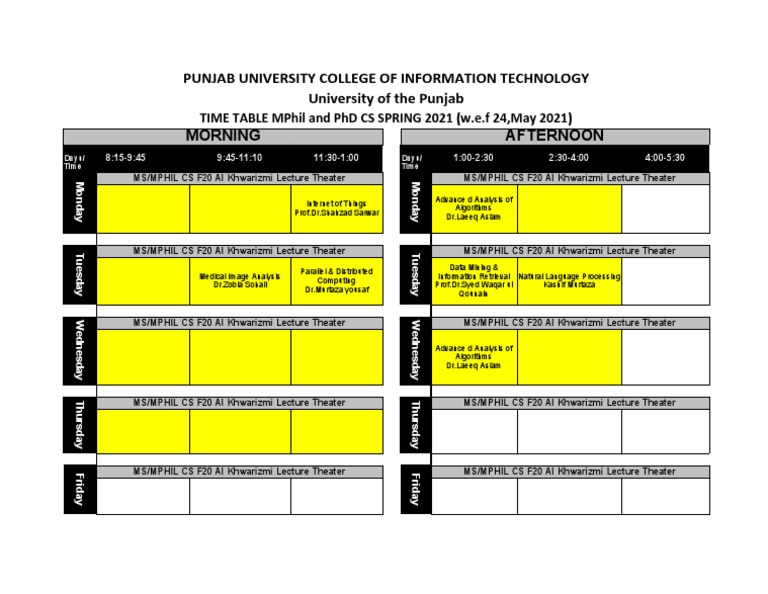 TIME TABLE M.Phil-PhD CS Spring 2021 (Old Campus) | PDF | Applied ...