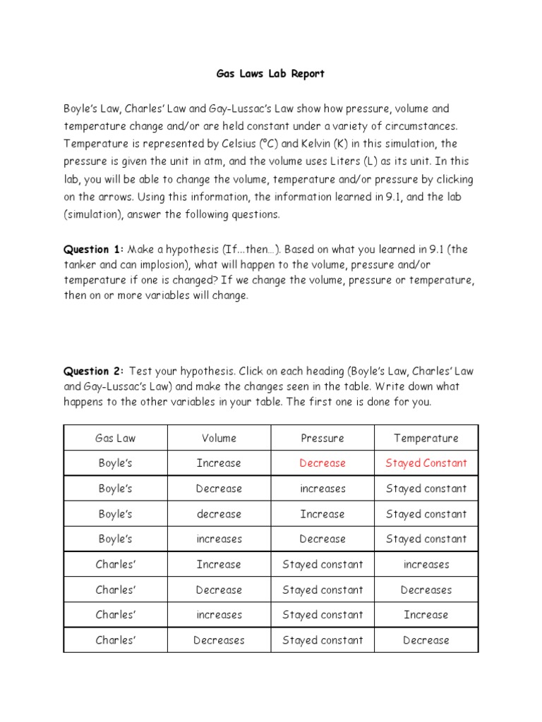 Gas Laws Lab Report Decrease Stayed Constant PDF Temperature Gases