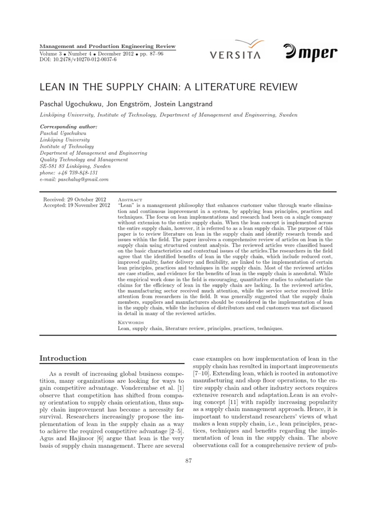 lean in the supply chain a literature review