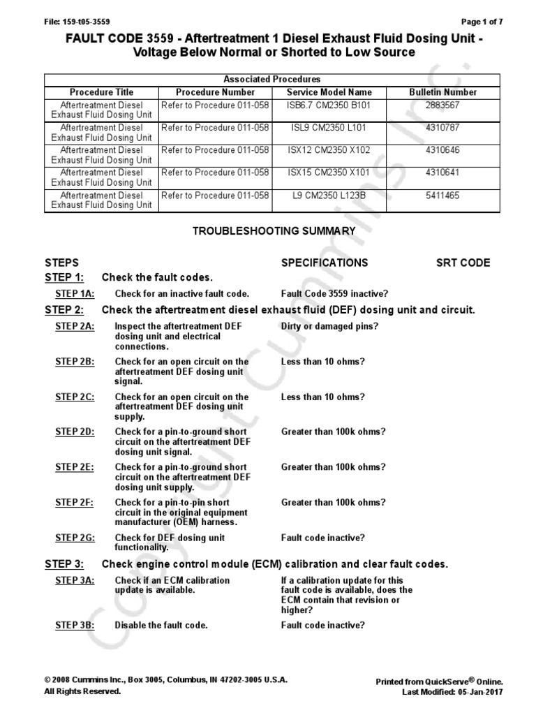 FAULT CODE 3559 Aftertreatment 1 Diesel Exhaust Fluid Dosing Unit