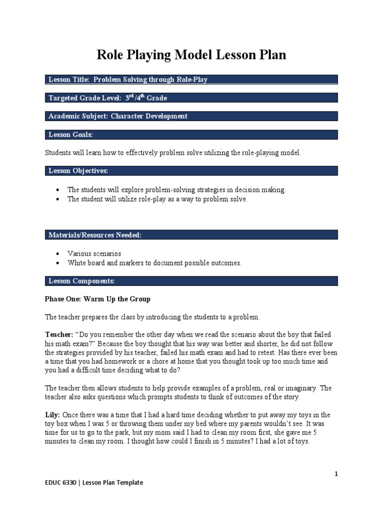 Problem Solving Role Play Lesson Plan | PDF | Lesson Plan | Teachers