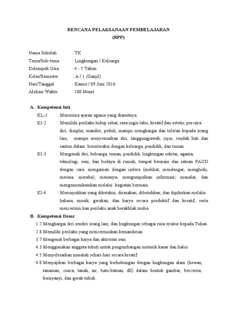RPP Pembelajaran Tematik untuk TK | PDF | Seni & Disiplin Bahasa ...