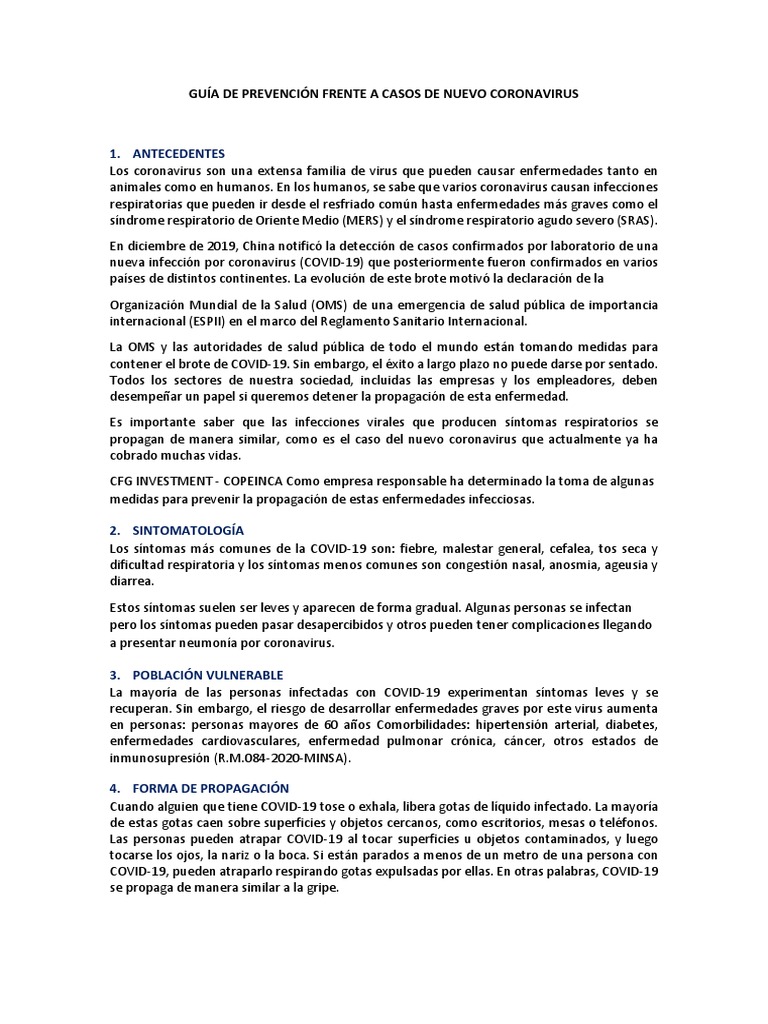 GUIA DE PREVENCION FRENTE A CASOS DE NUEVO CORONAVIRUS v3 - 0 | PDF ...
