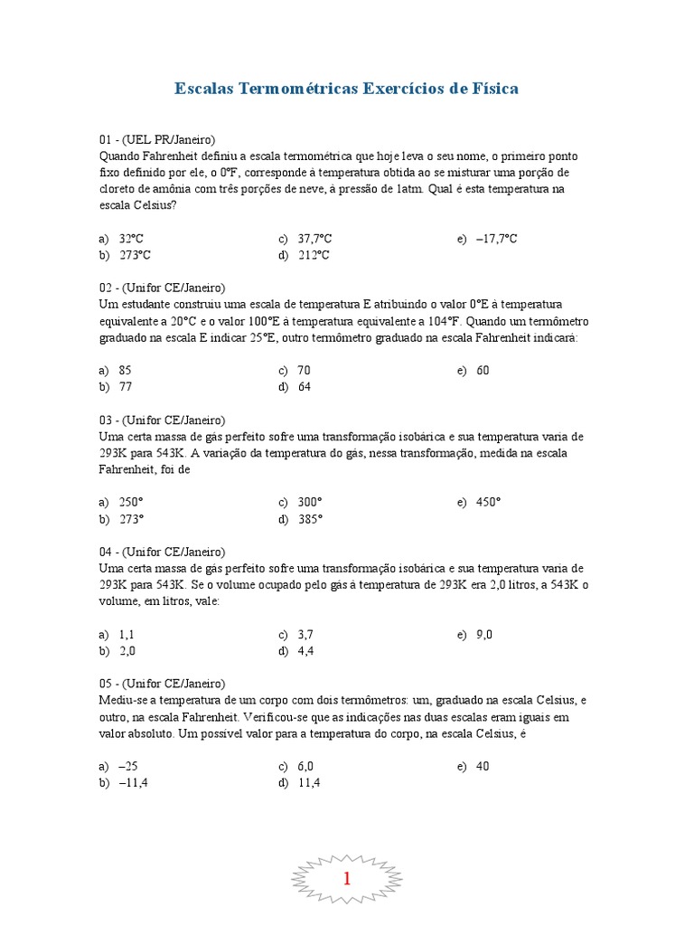 Escalas Termomtricas Exerccios de Fsica | PDF | Celsius | Termômetro