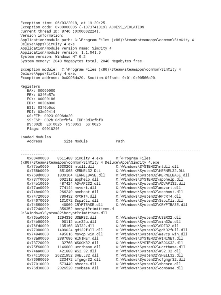 SimCity Exception Report 2018.06.03 19.29.25 | PDF | Computer ...