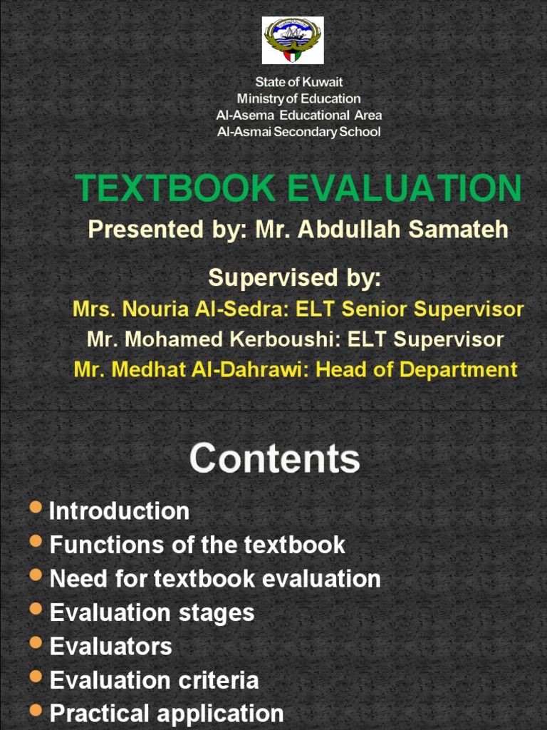 Textbook Evaluation: Presented By: Mr. Abdullah Samateh Supervised by ...