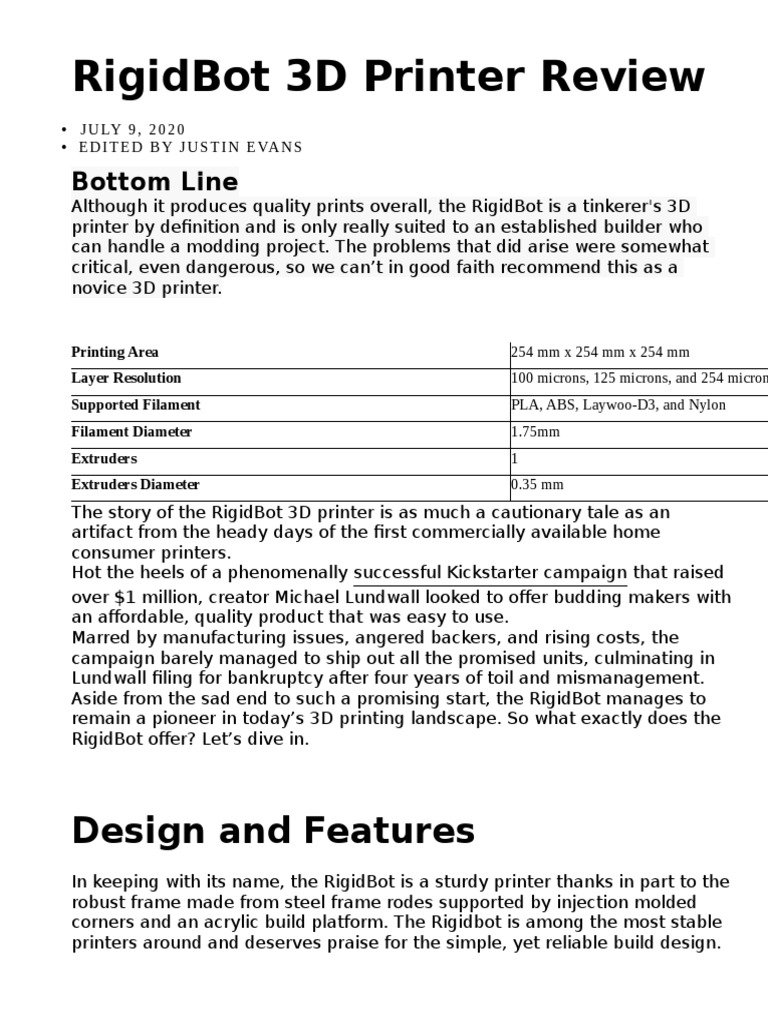 Rigidbot 3D Printer Review Design and Features PDF 3 D Printing