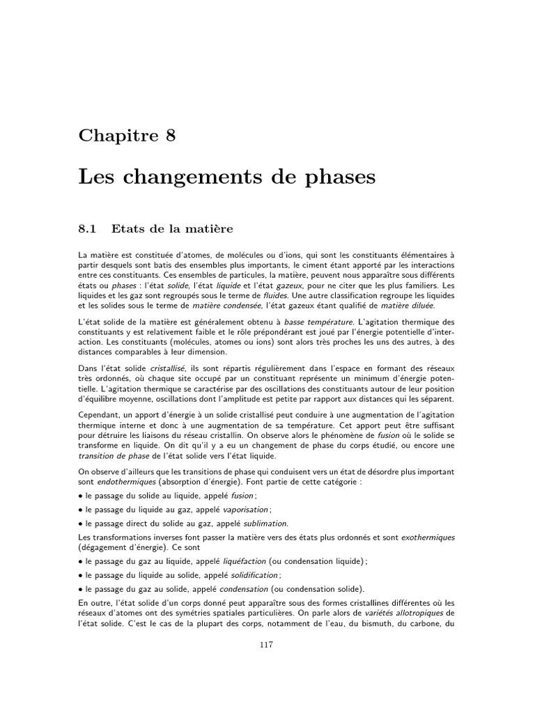 Changements de phases de la matière | PDF | Enthalpie de changement d ...