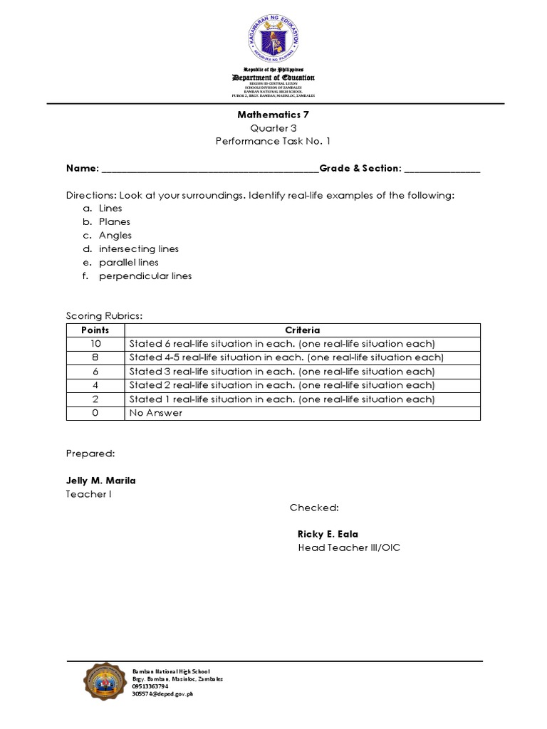 Grade 7 Math Performance Tasks | PDF | Space | Elementary Geometry