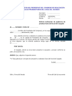 Modelo de Solicitud Del Presidente Del Congreso de Realización de Audiencia de Pruebas Fuera Del Local Del Juzgado