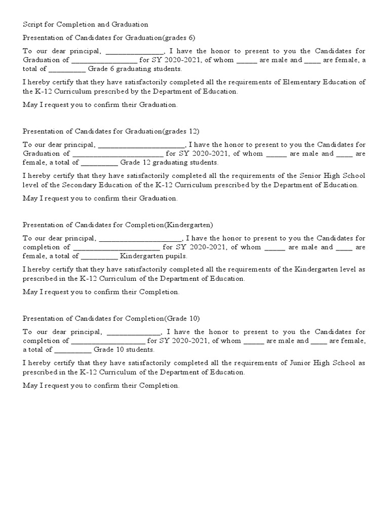 presentation of graduates for confirmation script