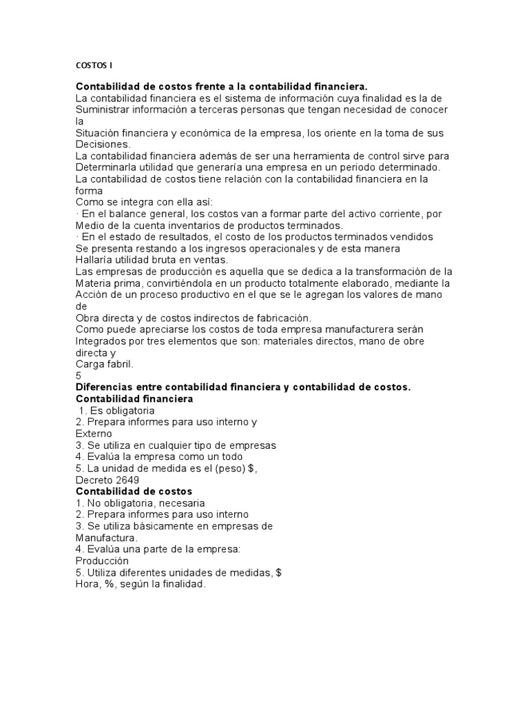 Contabilidad de Costos vs. Financiera | PDF | Contabilidad de costos ...