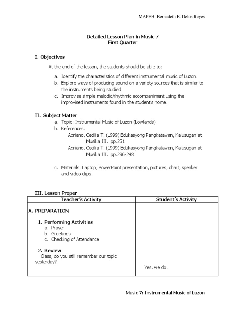 Instrumental Music of Luzon Lesson Plan | PDF | Brass Instruments ...