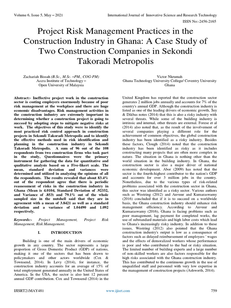 Risk Management in Takoradi Construction | PDF | Risk | Survey Methodology