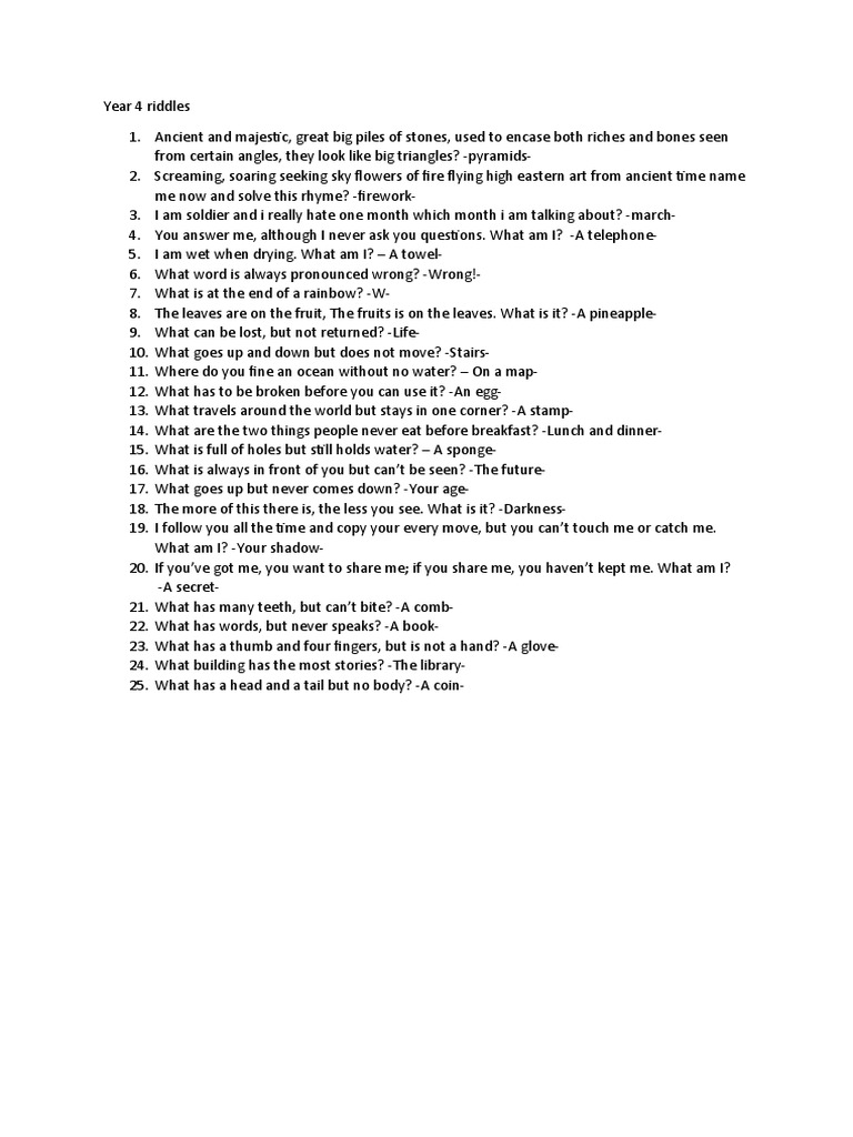 Fun Riddles for Year 4 Students | PDF