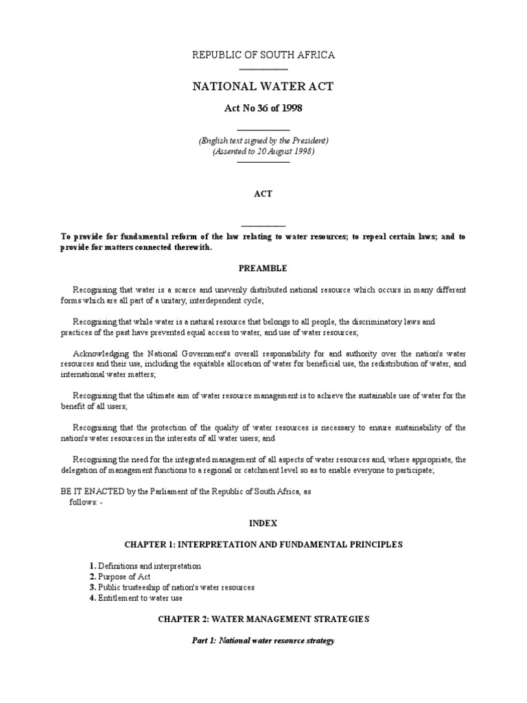 The National Water Act of 1998 Establishing a Framework for