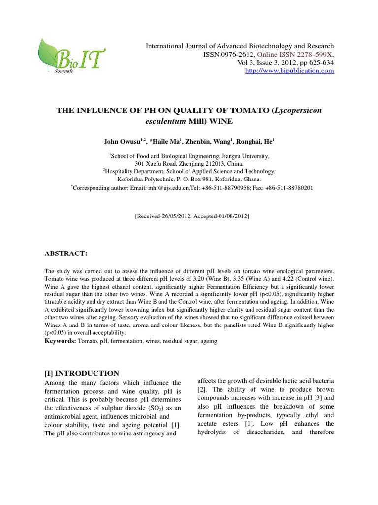 The Influence of PH On Tomato Wine | PDF | Wine | Fermentation