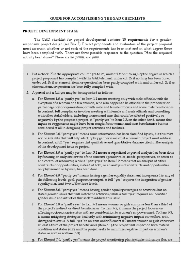 GAD Checklist for Gender-Responsive Projects | PDF | Gender | Gender ...