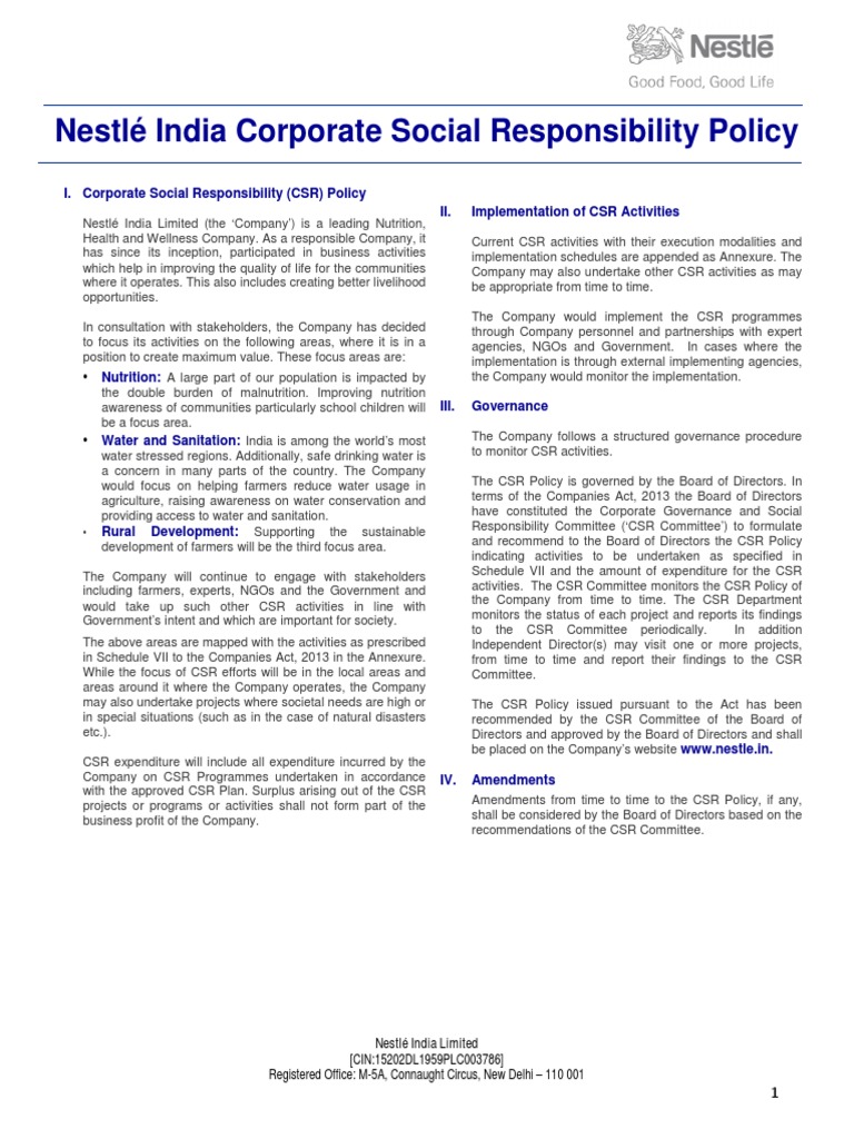 Nestlé India Corporate Social Responsibility Policy | PDF | Corporate ...