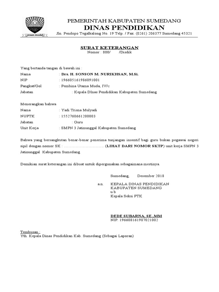 Surat Keterangan Penerima Insentif | PDF