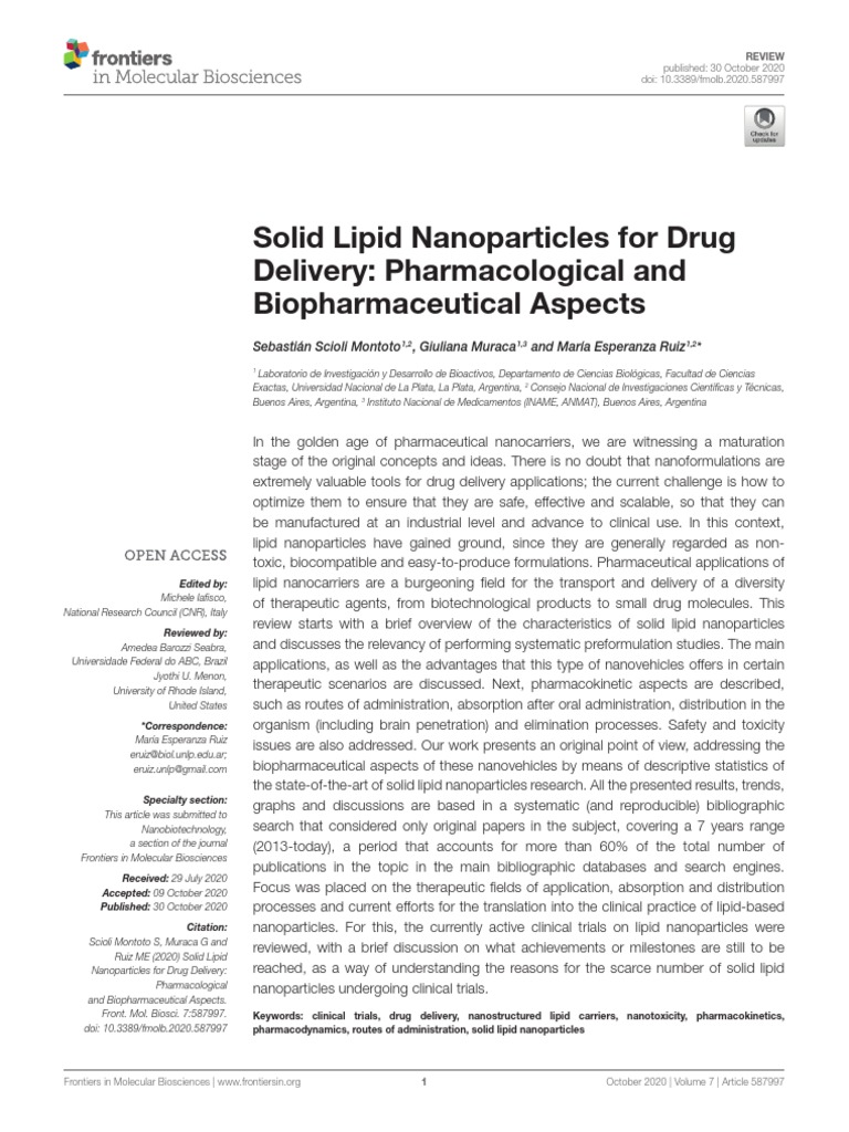 Solid Lipid Nanoparticles For Drug Delivery: Pharmacological and ...