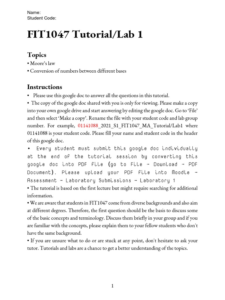 FIT1047 Lab 1: Moore's Law & Number Bases | PDF | Computing | Teaching ...