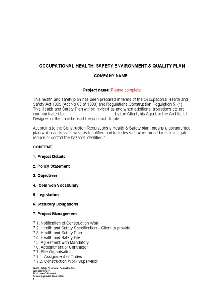 Health and Safety Plan Template PDF Occupational Safety And Health