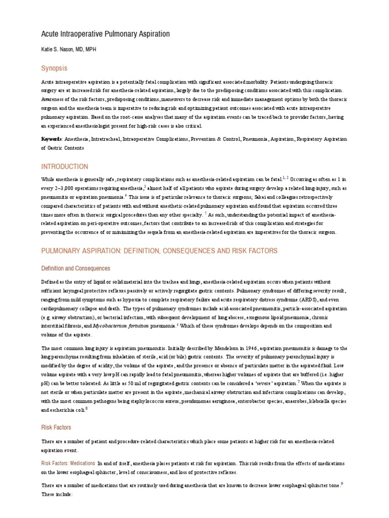 Acute Intraoperative Pulmonary Aspiration Synopsis PDF Anesthesia