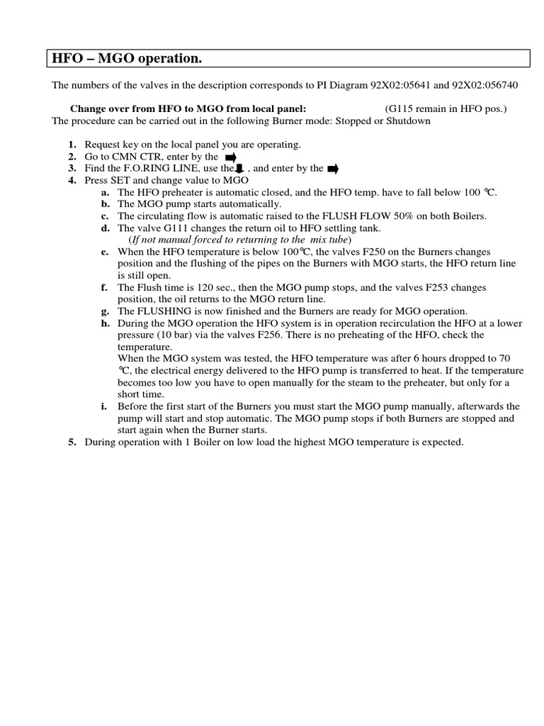 HFOMGO operation changeover procedures PDF Fuel Oil Valve