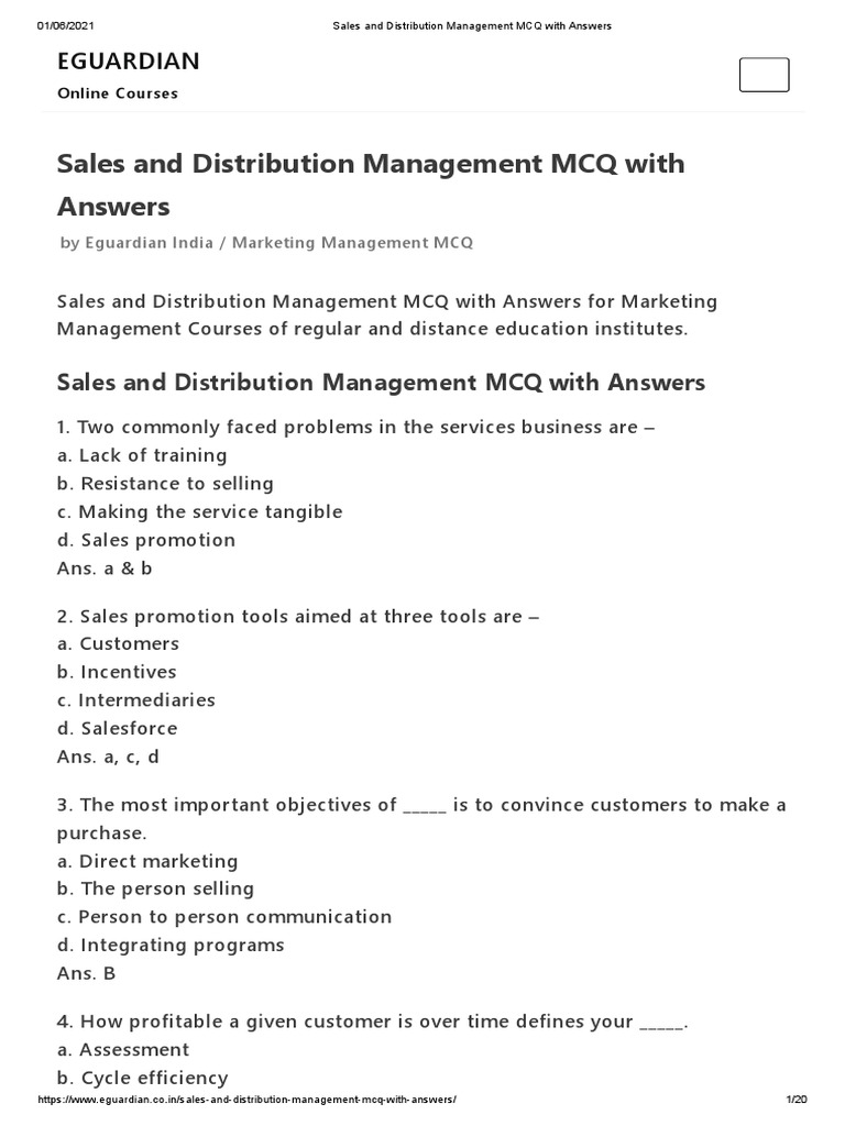 Sales and Distribution Management MCQ With Answers PDF Logistics