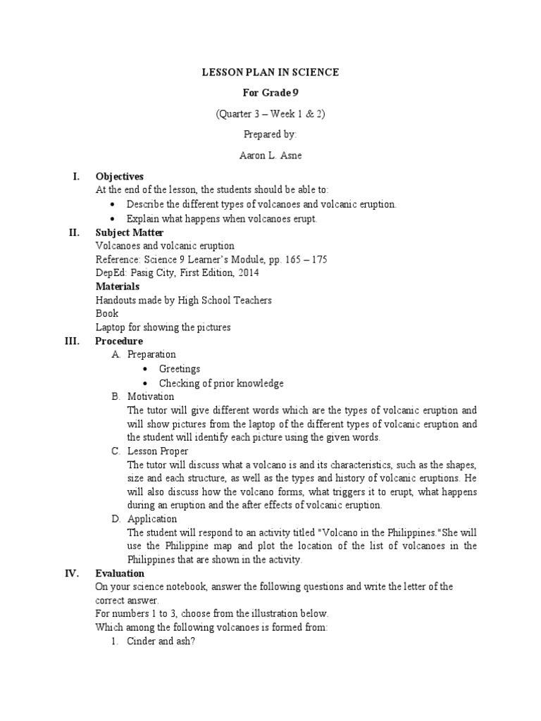 9th Grade Science: Volcanoes Lesson Plan | PDF | Volcano | Types Of ...