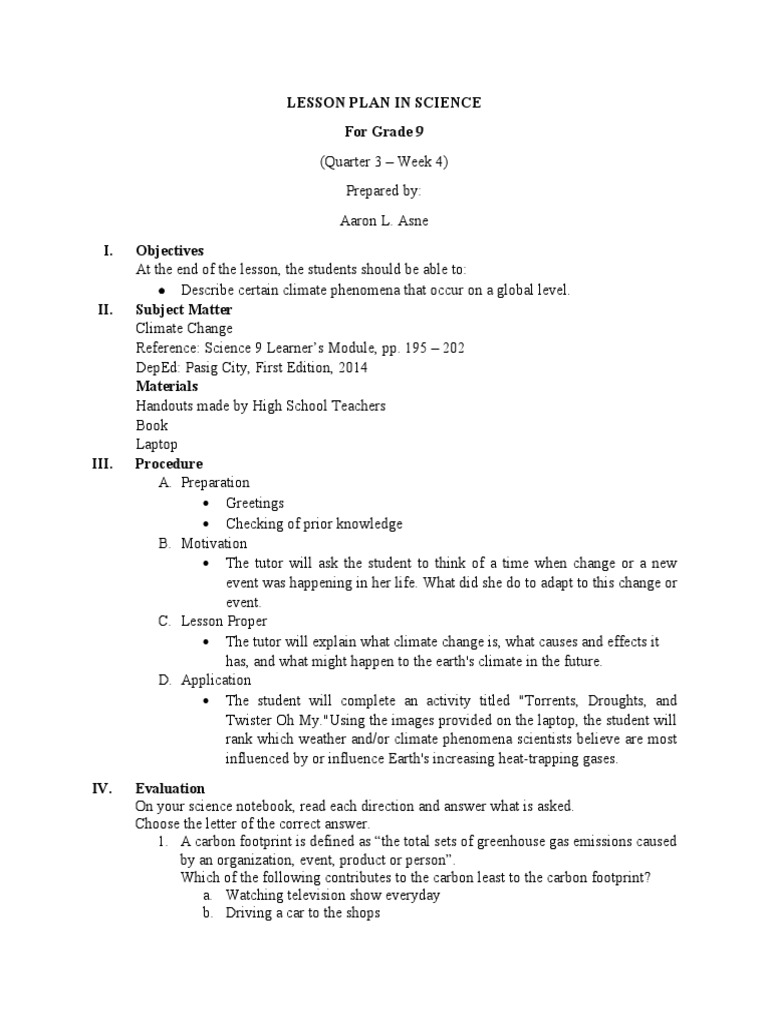 Climate Change Lesson Plan for Grade 9 | PDF | Climate Change ...