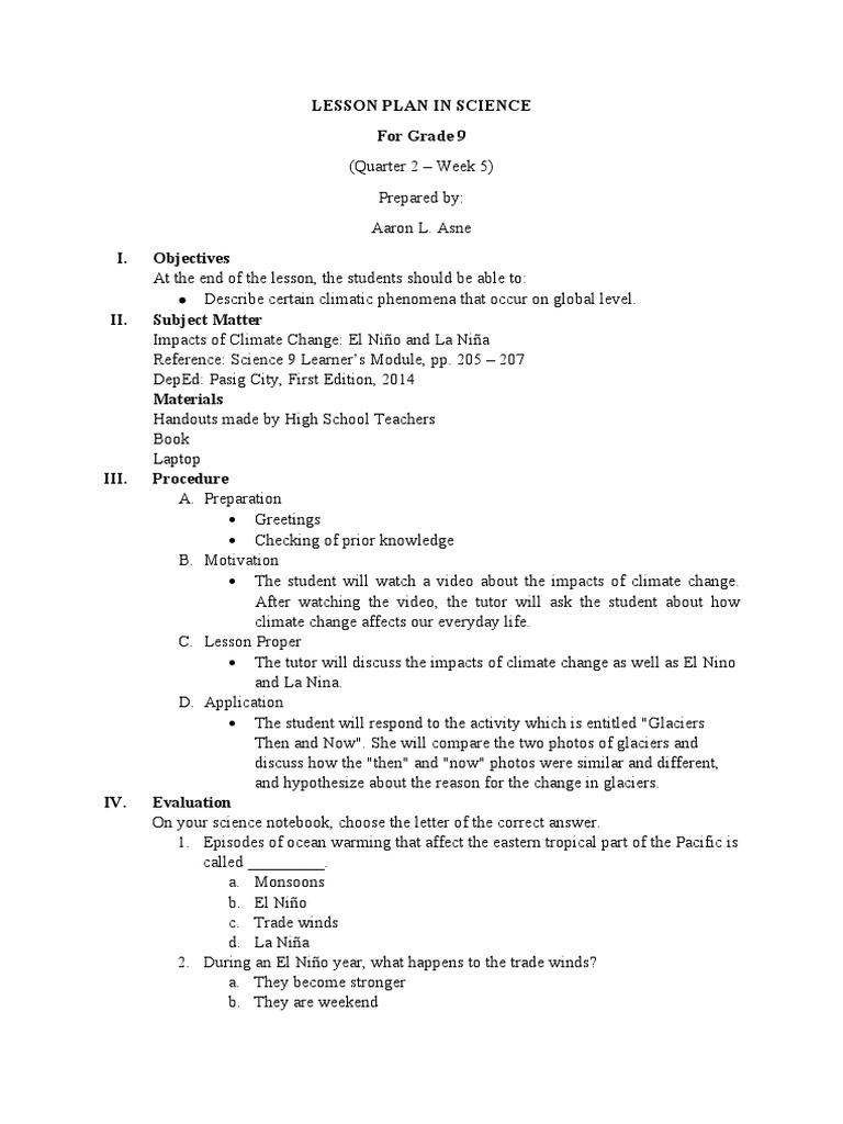 Global Warming Lesson Plan for Grade 9 | PDF | El Niño | Climate Change