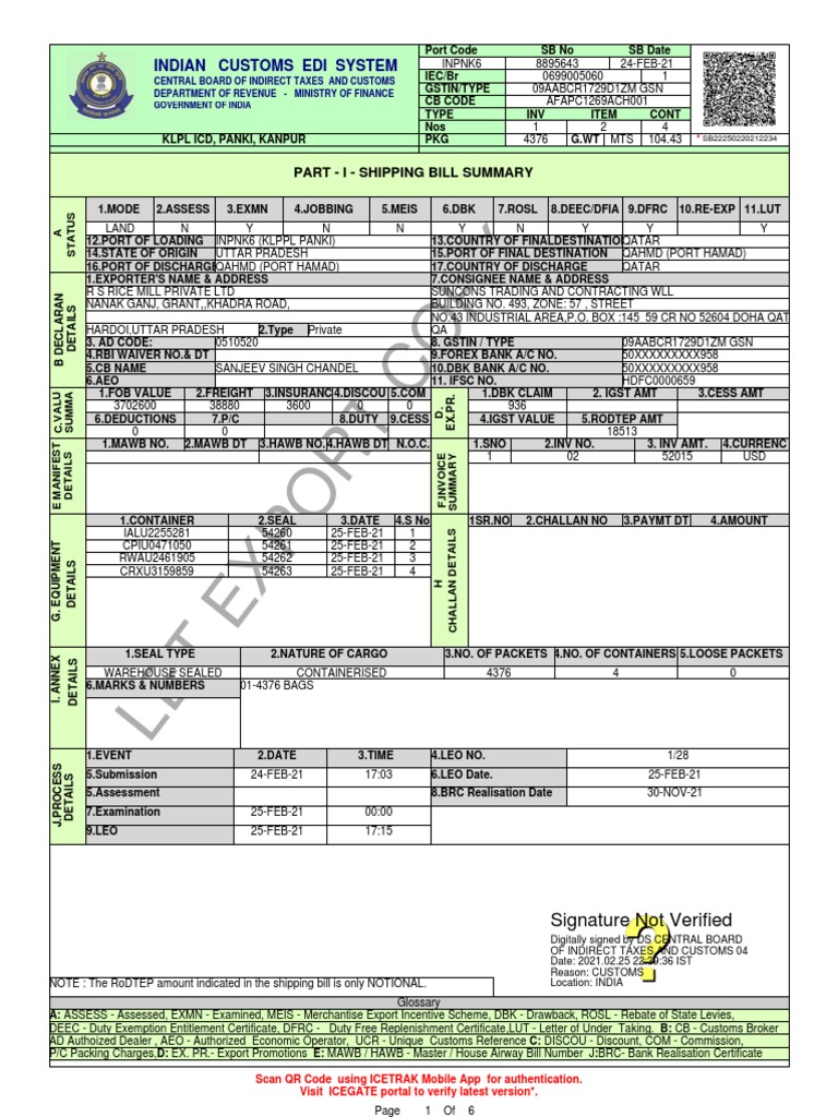 LET Export Copy Shipping Bill Summary | PDF | Customs | Invoice
