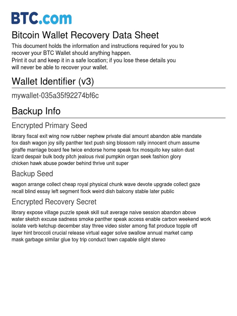Bitcoin Wallet Recovery Backup Sheet - Mywallet-035a35f92274bf6c | PDF