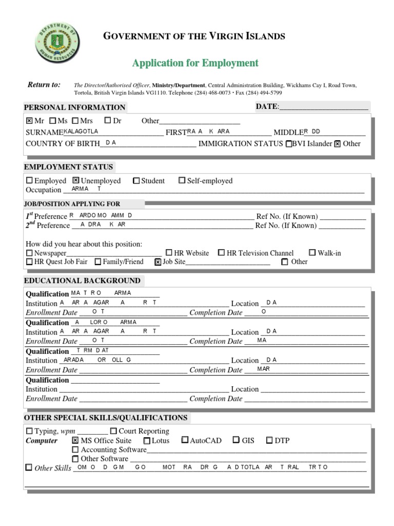 Application for Employment with the Government of the Virgin Islands