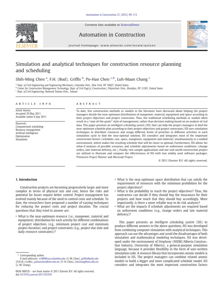 Simulation and Analytical Techniques For Construction Resource Planning ...