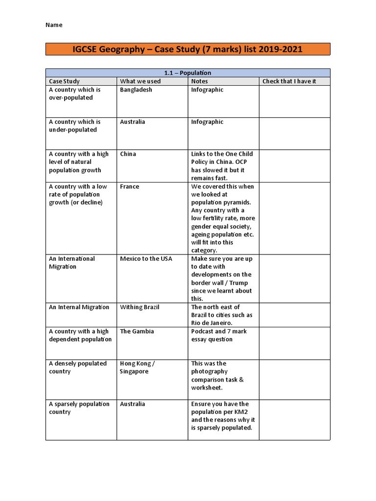 IGCSE Geography - Case Study (7 Marks) List 2019-2021: 1.1 - Population ...
