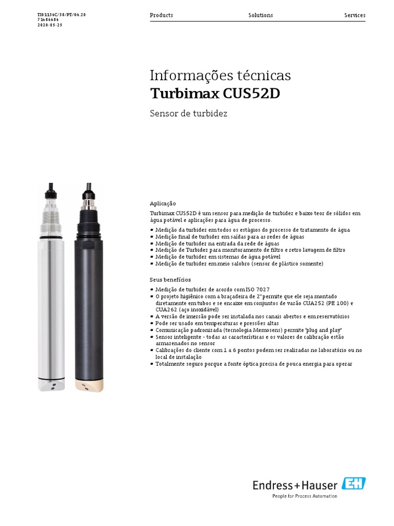 Informações técnicas detalhadas sobre o sensor de turbidez Turbimax