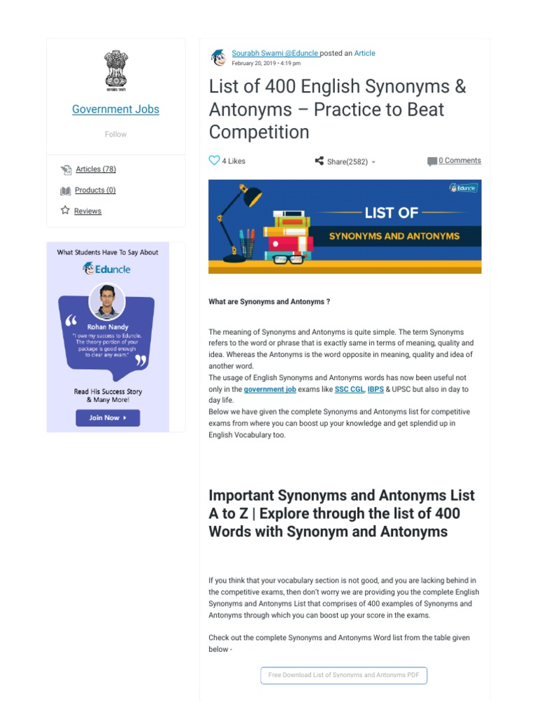 List of 400 English Synonyms & Antonyms - Practice To Beat Competition