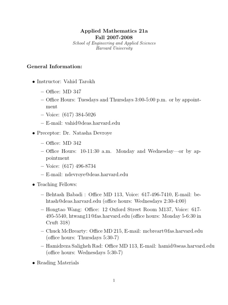 Harvard Applied Mathematics 21a Syllabus Download Free PDF Series