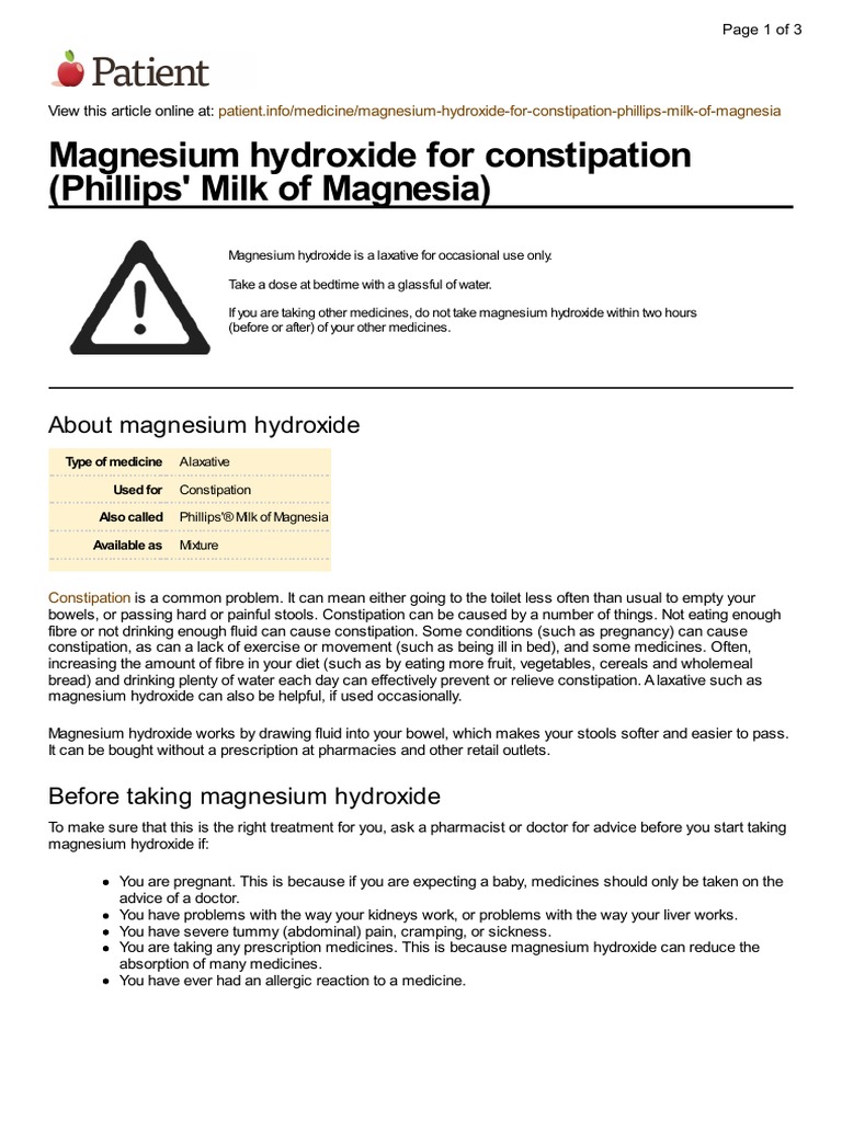 UK Patient Magnesium Hydroxide For Constipation Medication Leaflet